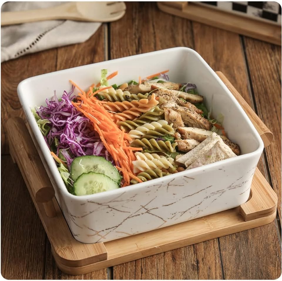 Marble Pattern Ceramic Salad Bowl with Wooden Stand and Spoon