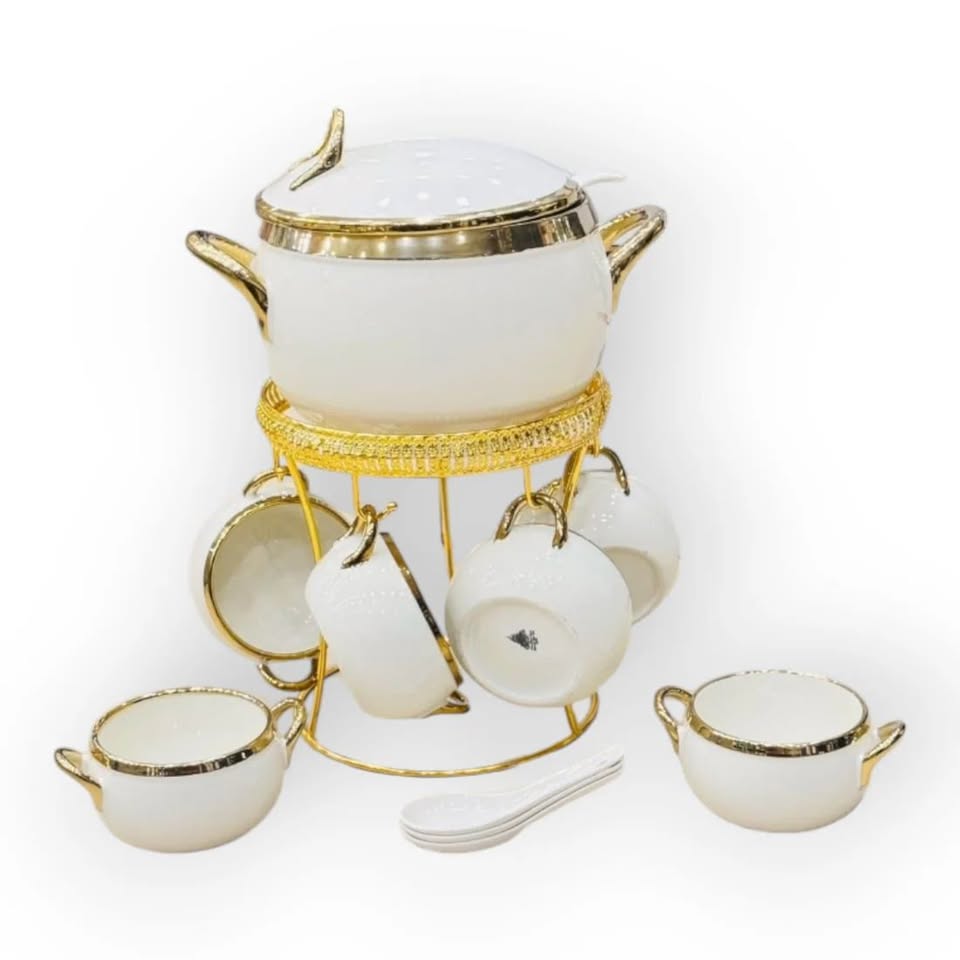 Luxury Ceramic Soup Set with Elegant Gold Rim Accents