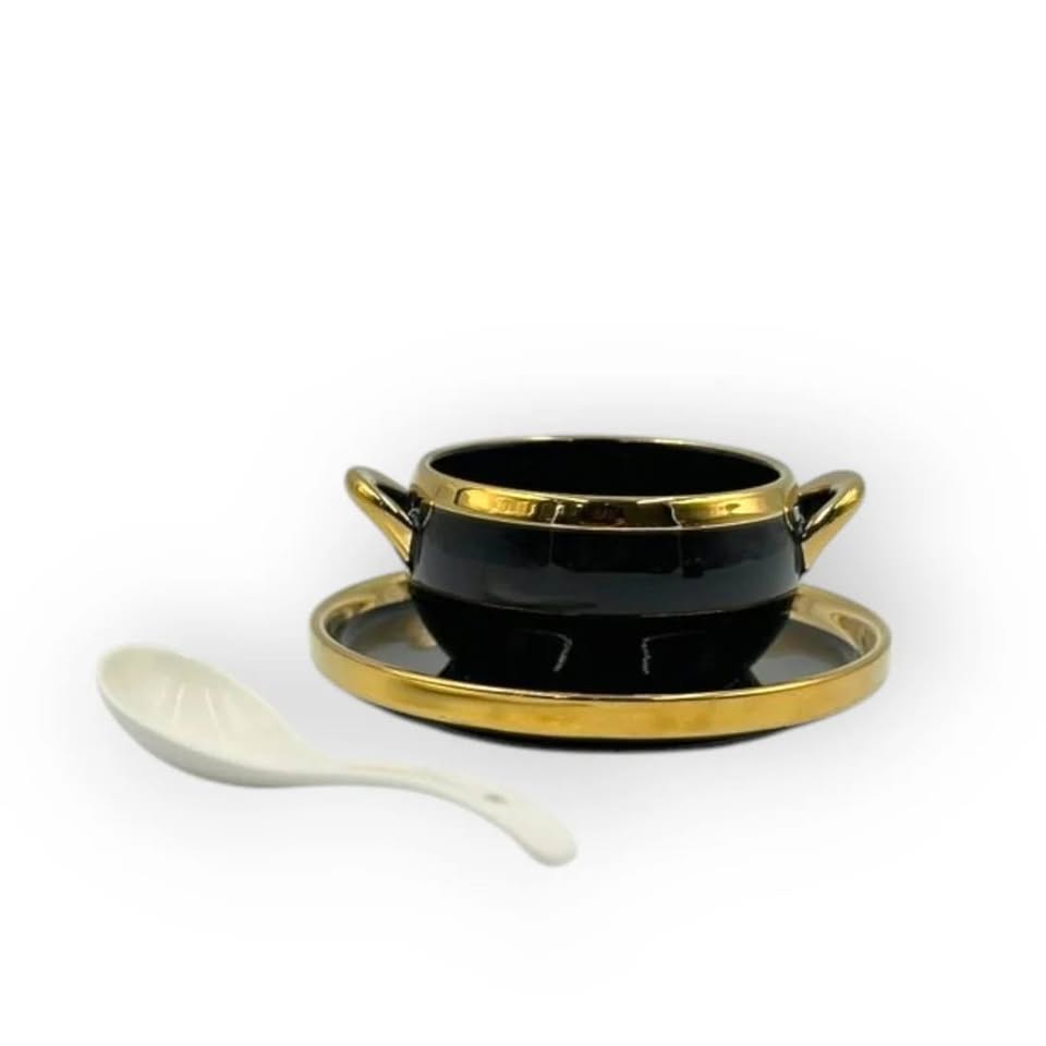 Luxury Ceramic Soup Set with Elegant Gold Rim Accents