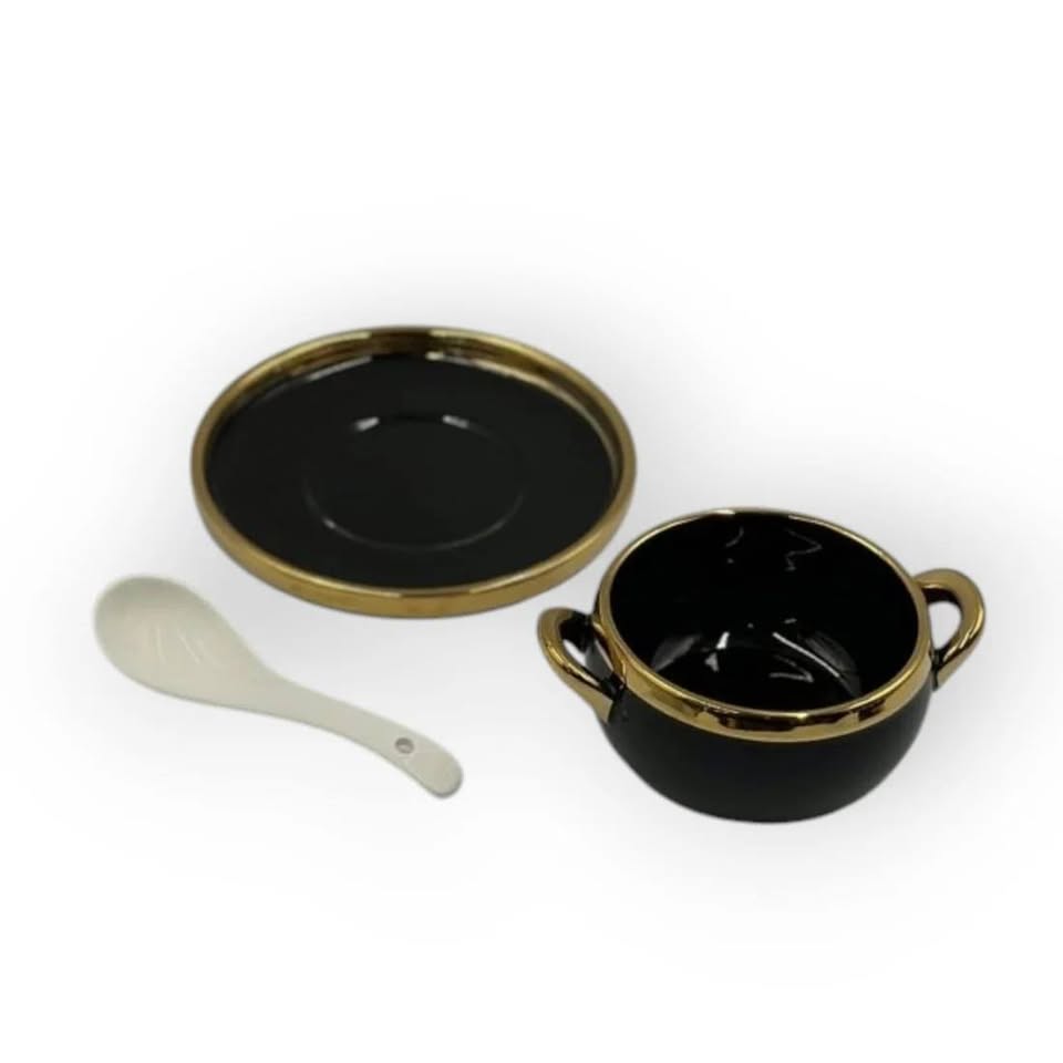 Luxury Ceramic Soup Set with Elegant Gold Rim Accents