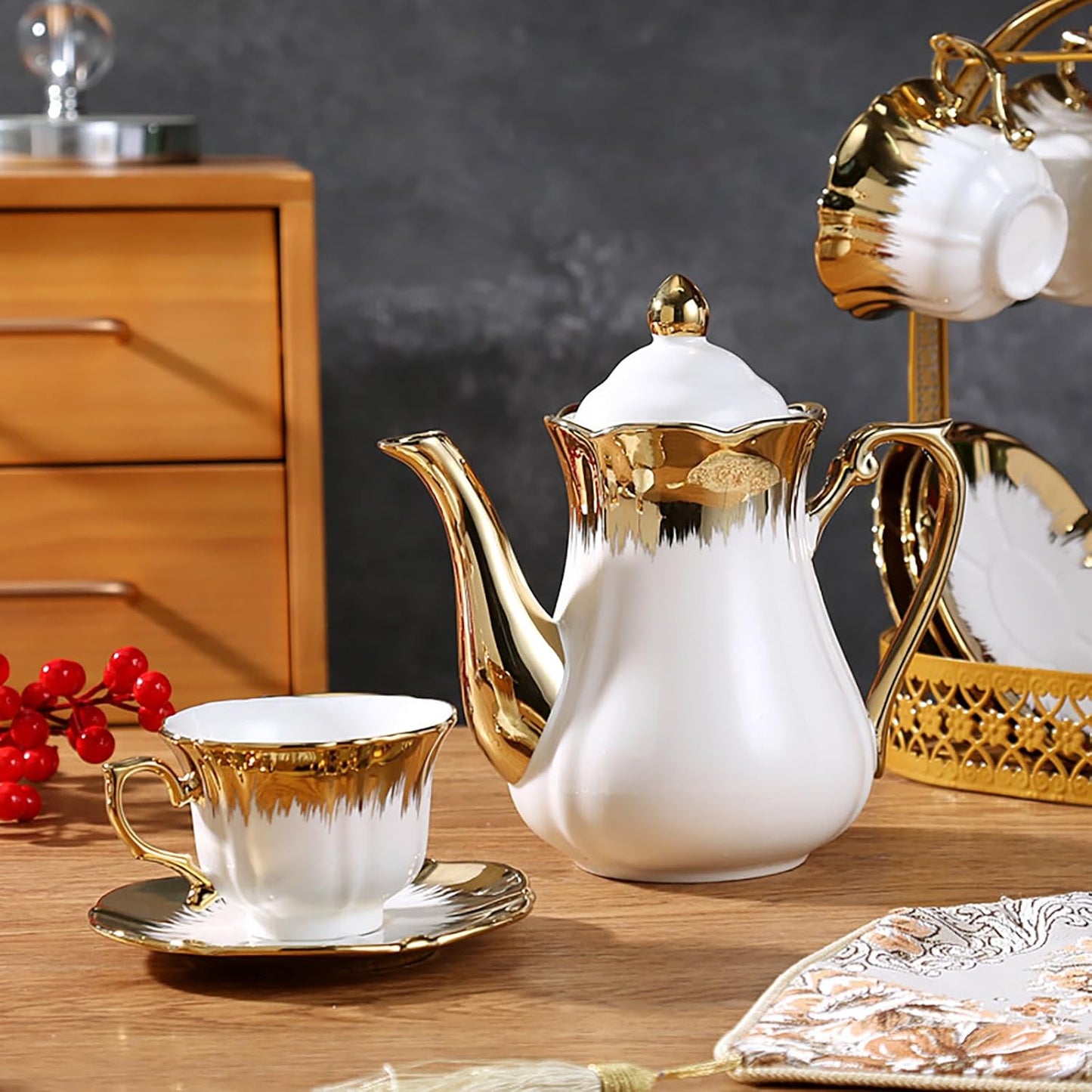 Gold Textured Luxury Teapot Set - 14Pcs
