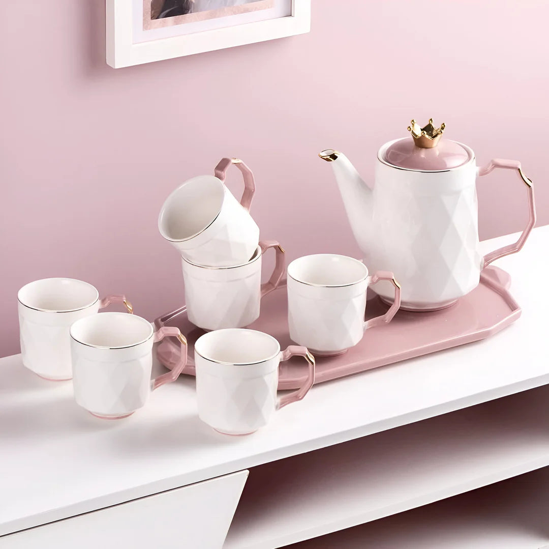 Luxury porcelain turkish ceramic tea set with tray and Crown Lid