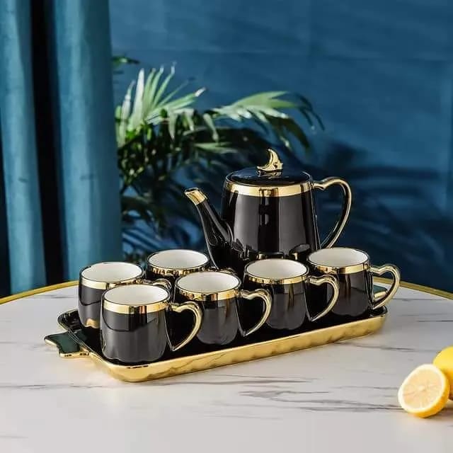 Classical Gold-Trimmed Tea Set With Serving Tray
