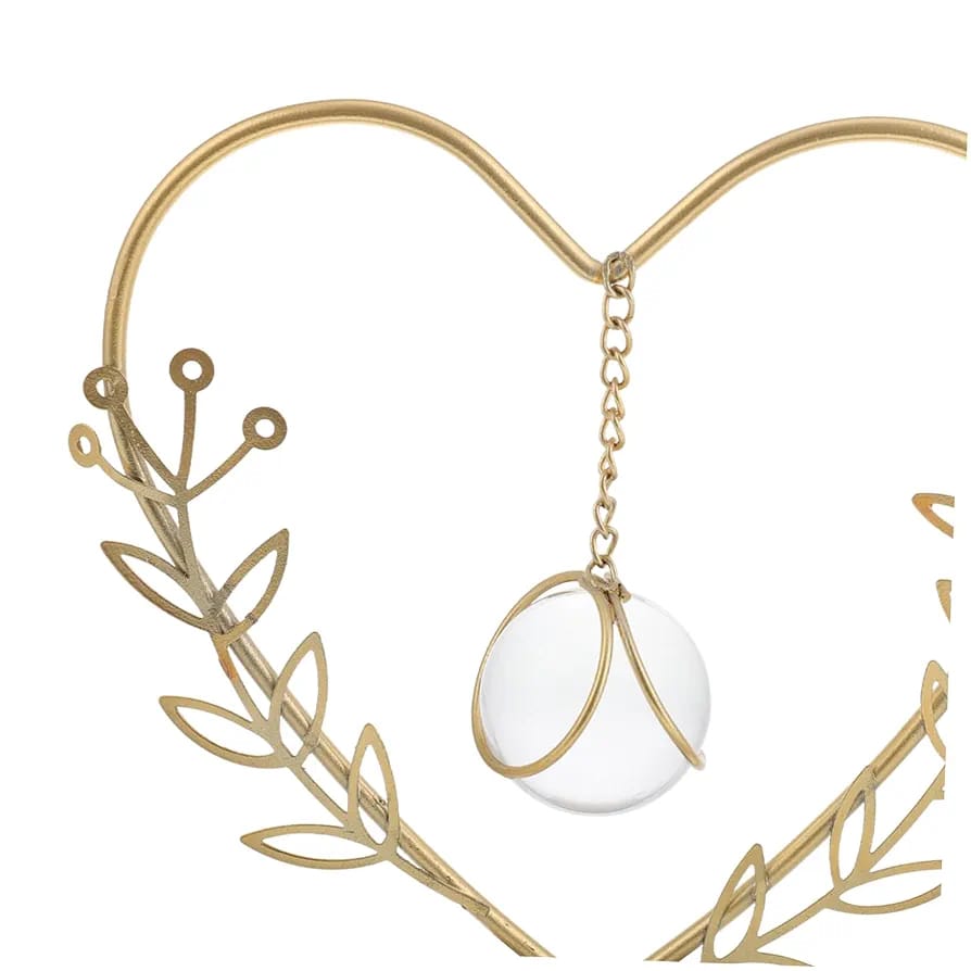 Gold Metal Heart Shape Leaf Metal Ornament With Crystal Ball
