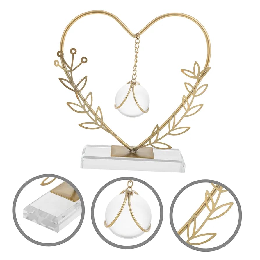 Gold Metal Heart Shape Leaf Metal Ornament With Crystal Ball