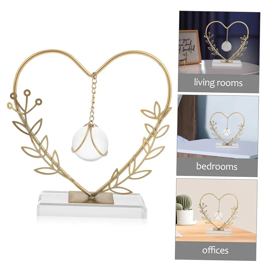 Gold Metal Heart Shape Leaf Metal Ornament With Crystal Ball