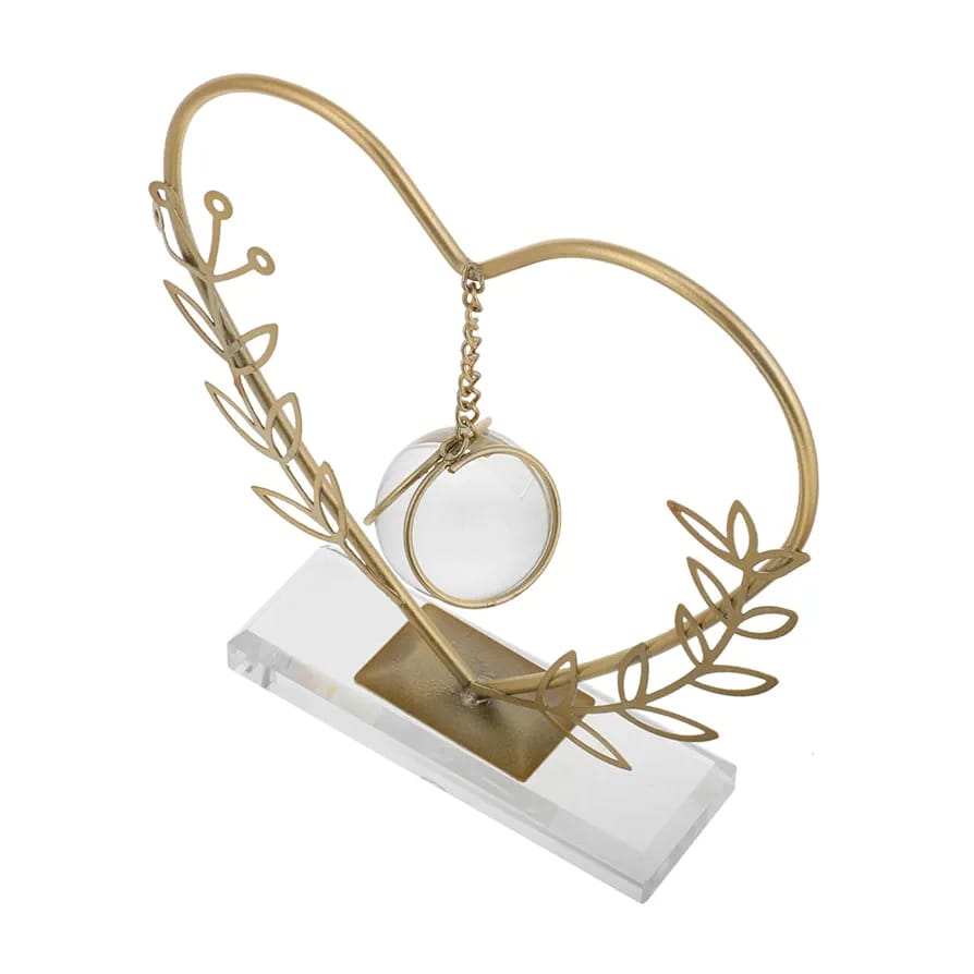 Gold Metal Heart Shape Leaf Metal Ornament With Crystal Ball