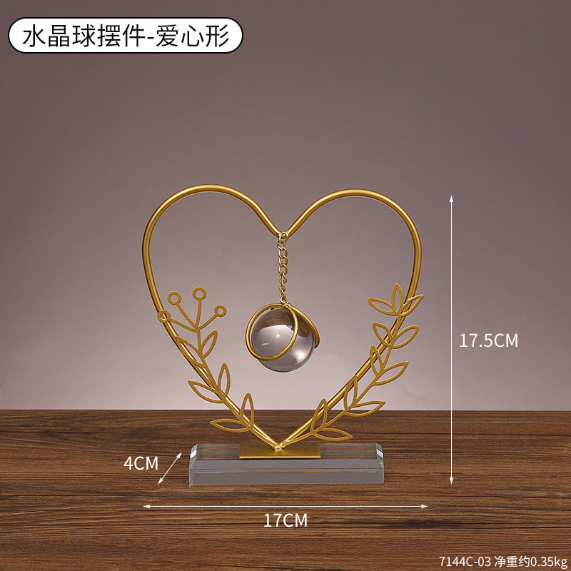 Gold Metal Heart Shape Leaf Metal Ornament With Crystal Ball