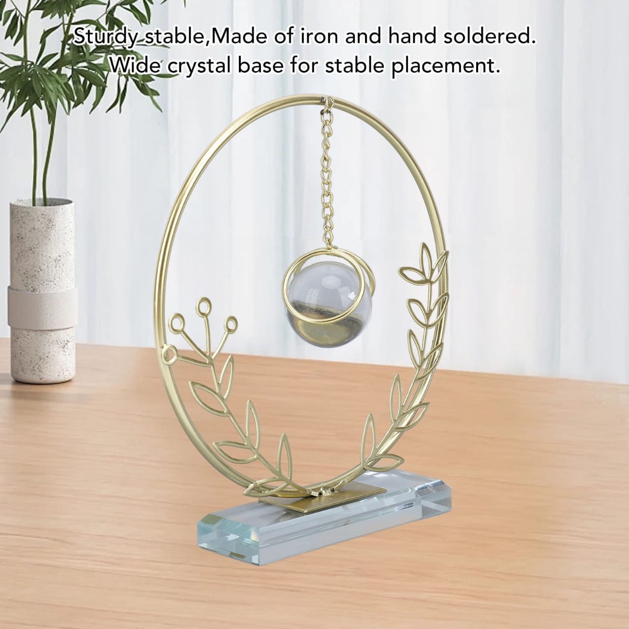 Gold Metal Round Shape Leaf Metal Ornament With Crystal Ball