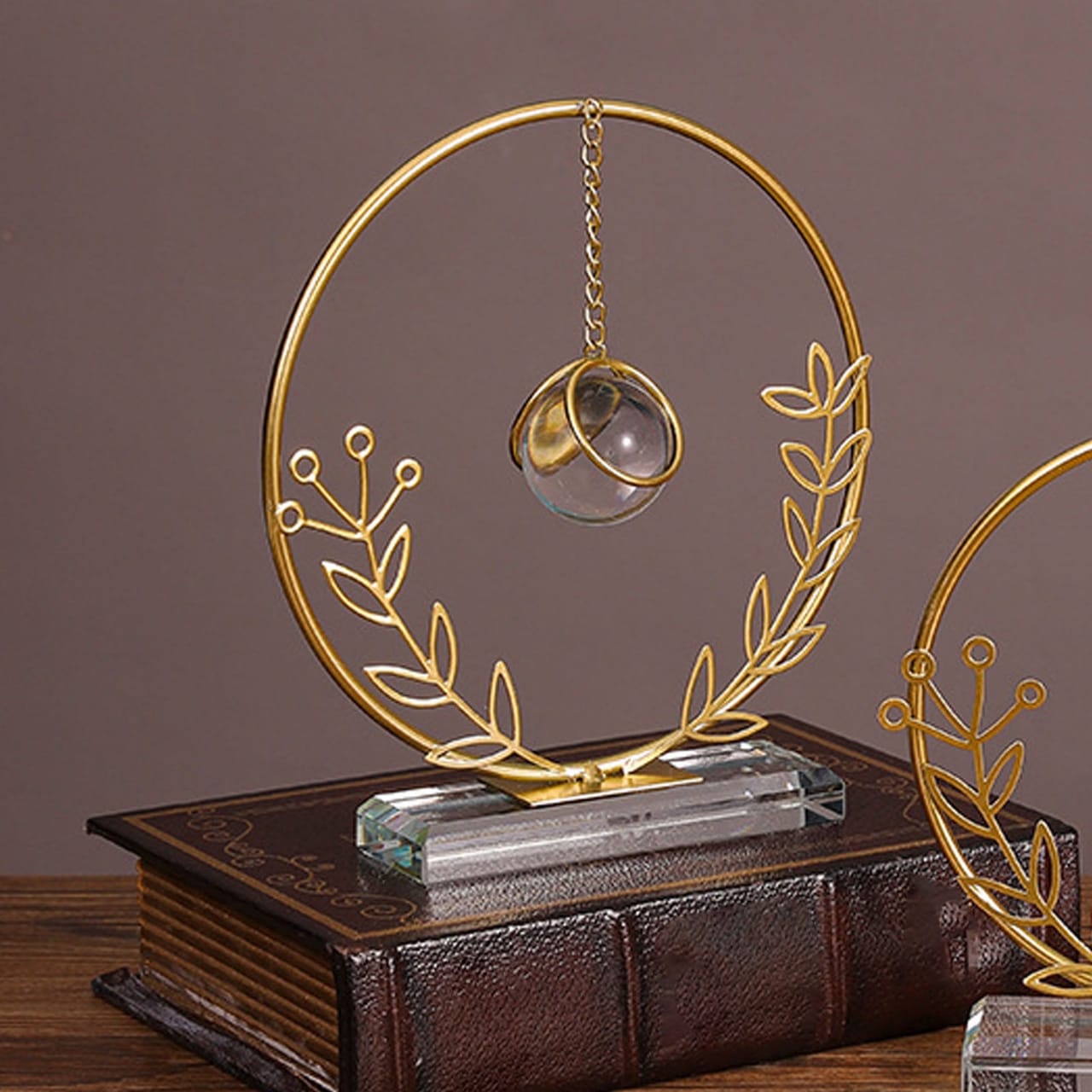Gold Metal Round Shape Leaf Metal Ornament With Crystal Ball