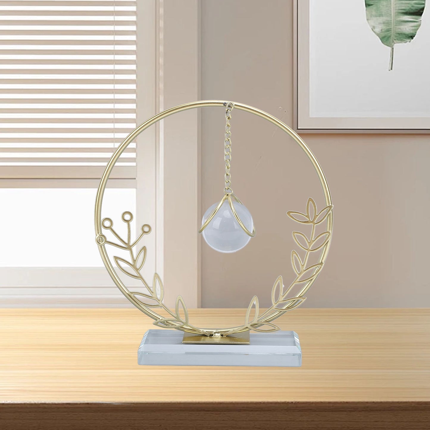 Gold Metal Round Shape Leaf Metal Ornament With Crystal Ball