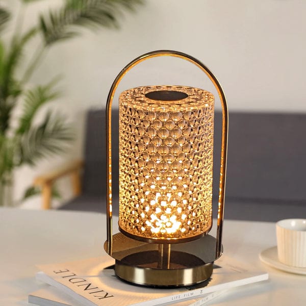 Rechargeable Vintage LED Crystal Lantern Table Lamp with Metal Handle