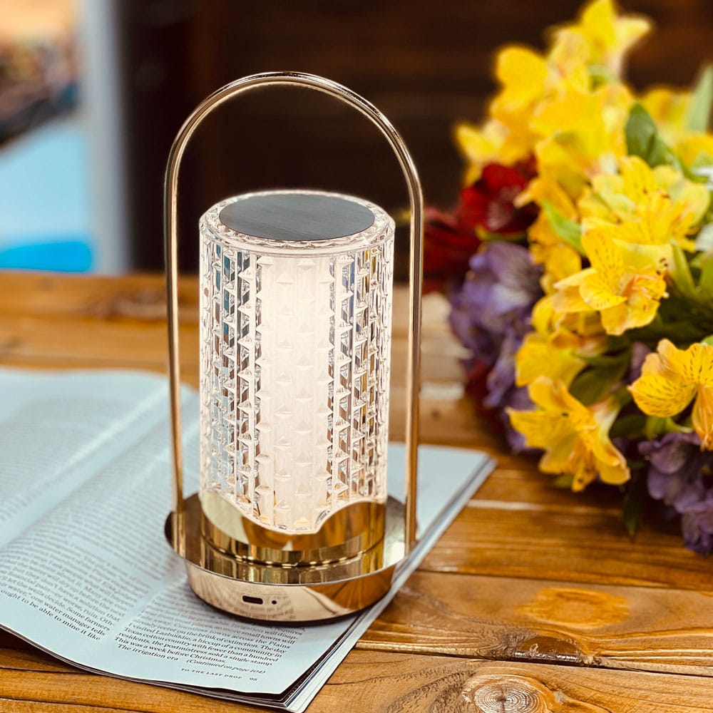 Rechargeable Vintage LED Crystal Lantern Table Lamp with Metal Handle