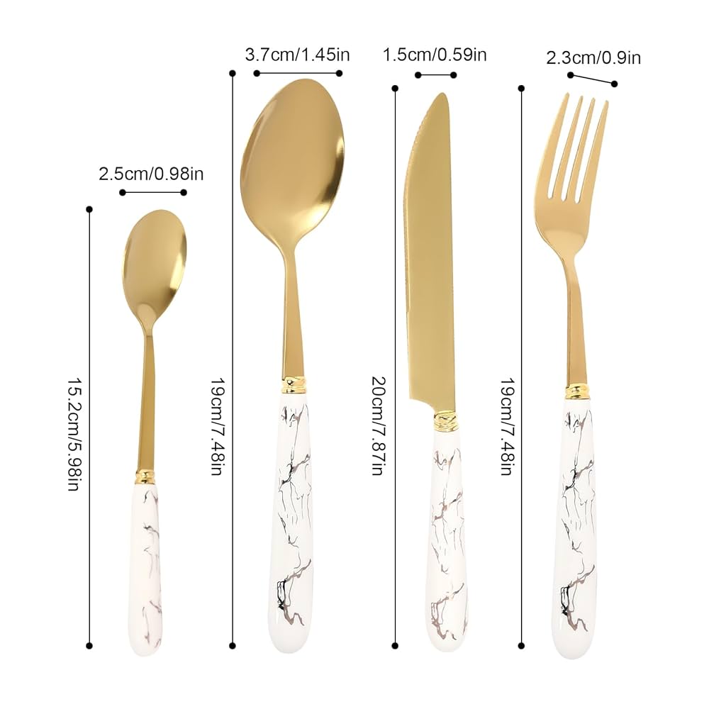 24Pcs Golden Stainless Steel Cutlery Set with Ceramic Handle & Stand
