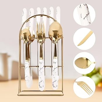 24Pcs Golden Stainless Steel Cutlery Set with Ceramic Handle & Stand