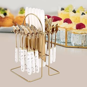 24Pcs Golden Stainless Steel Cutlery Set with Ceramic Handle & Stand