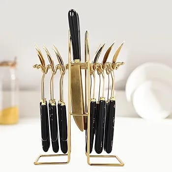 24Pcs Golden Stainless Steel Cutlery Set with Ceramic Handle & Stand