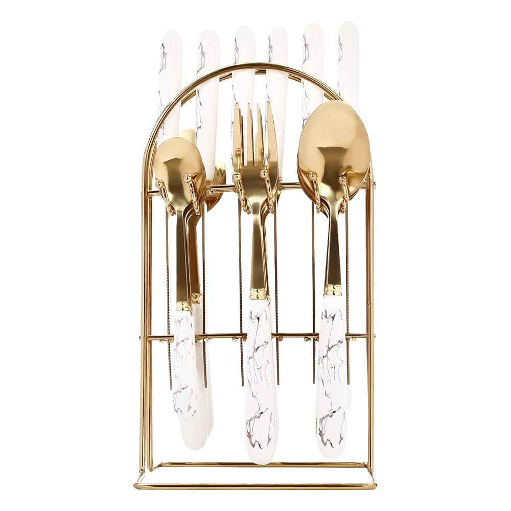 24Pcs Golden Stainless Steel Cutlery Set with Ceramic Handle & Stand