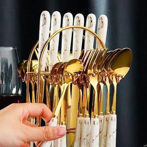 24Pcs Golden Stainless Steel Cutlery Set with Ceramic Handle & Stand