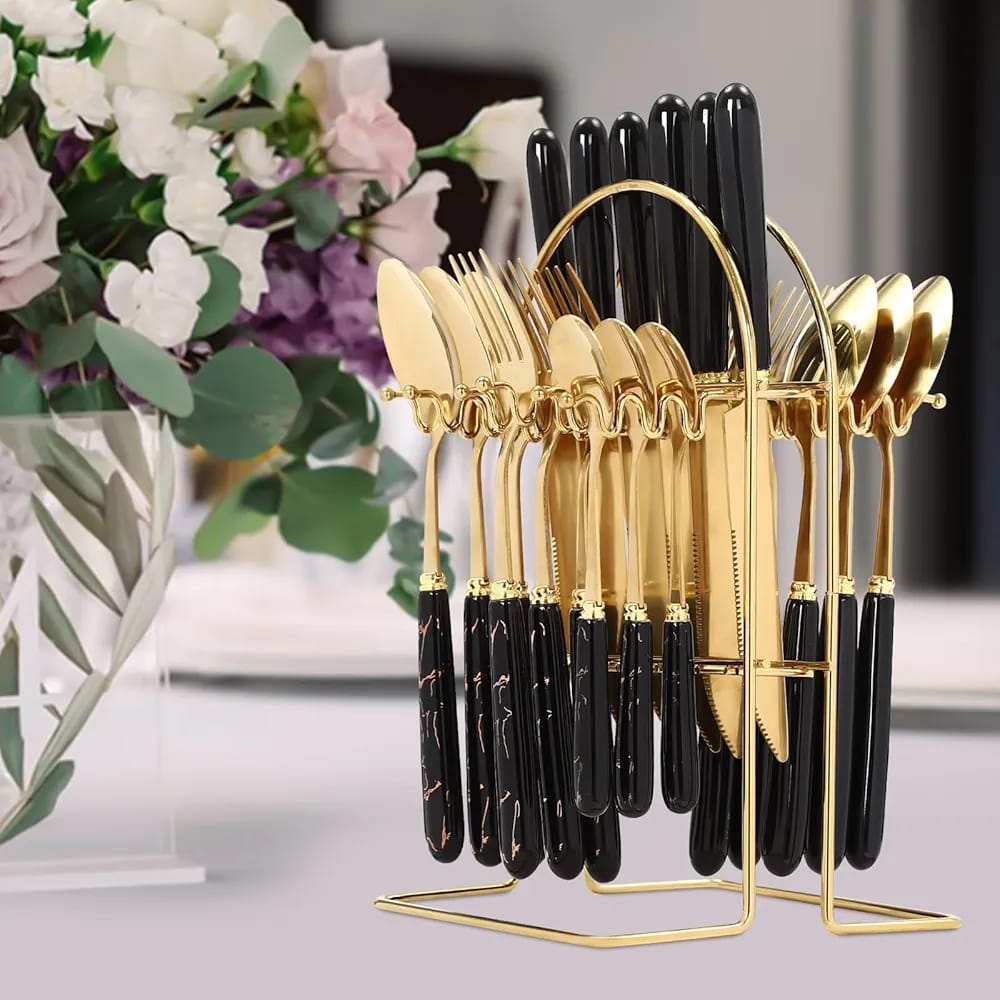 24Pcs Golden Stainless Steel Cutlery Set with Ceramic Handle & Stand