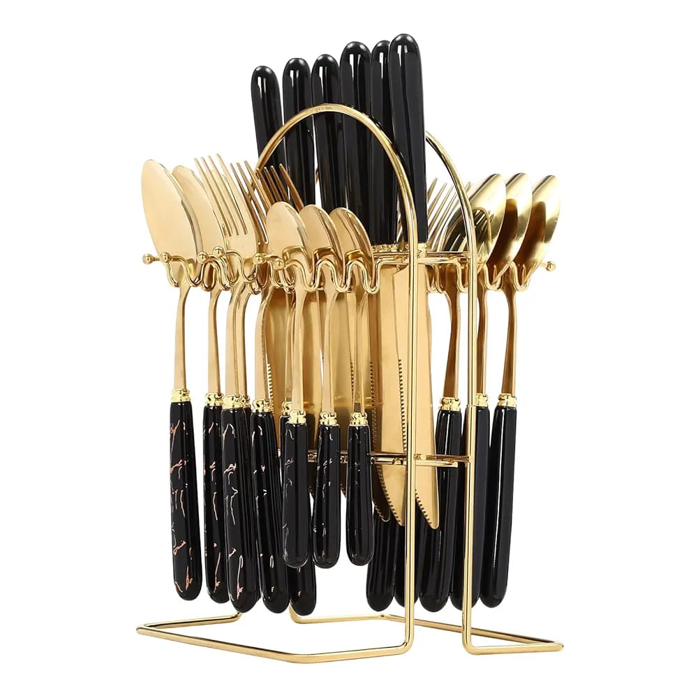 24Pcs Golden Stainless Steel Cutlery Set with Ceramic Handle & Stand