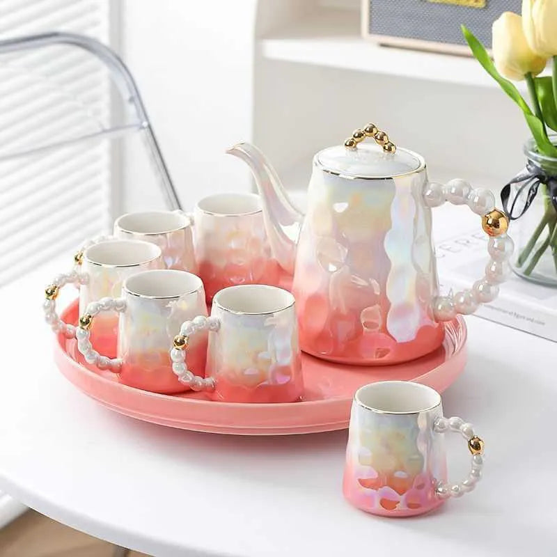 Gradient Pink Ceramic Tea Set With Golden Pearl