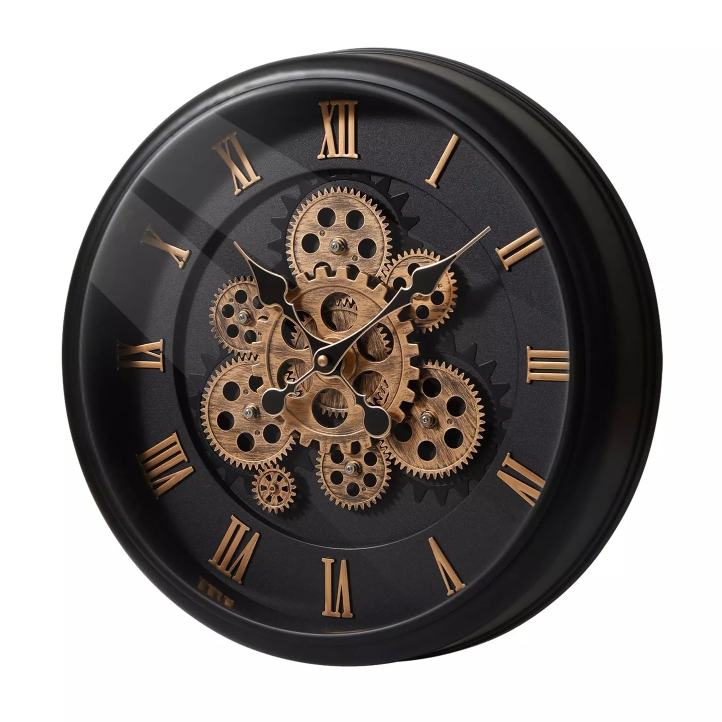 Modern Large Rustic Black Wall Clock with Moving Gears