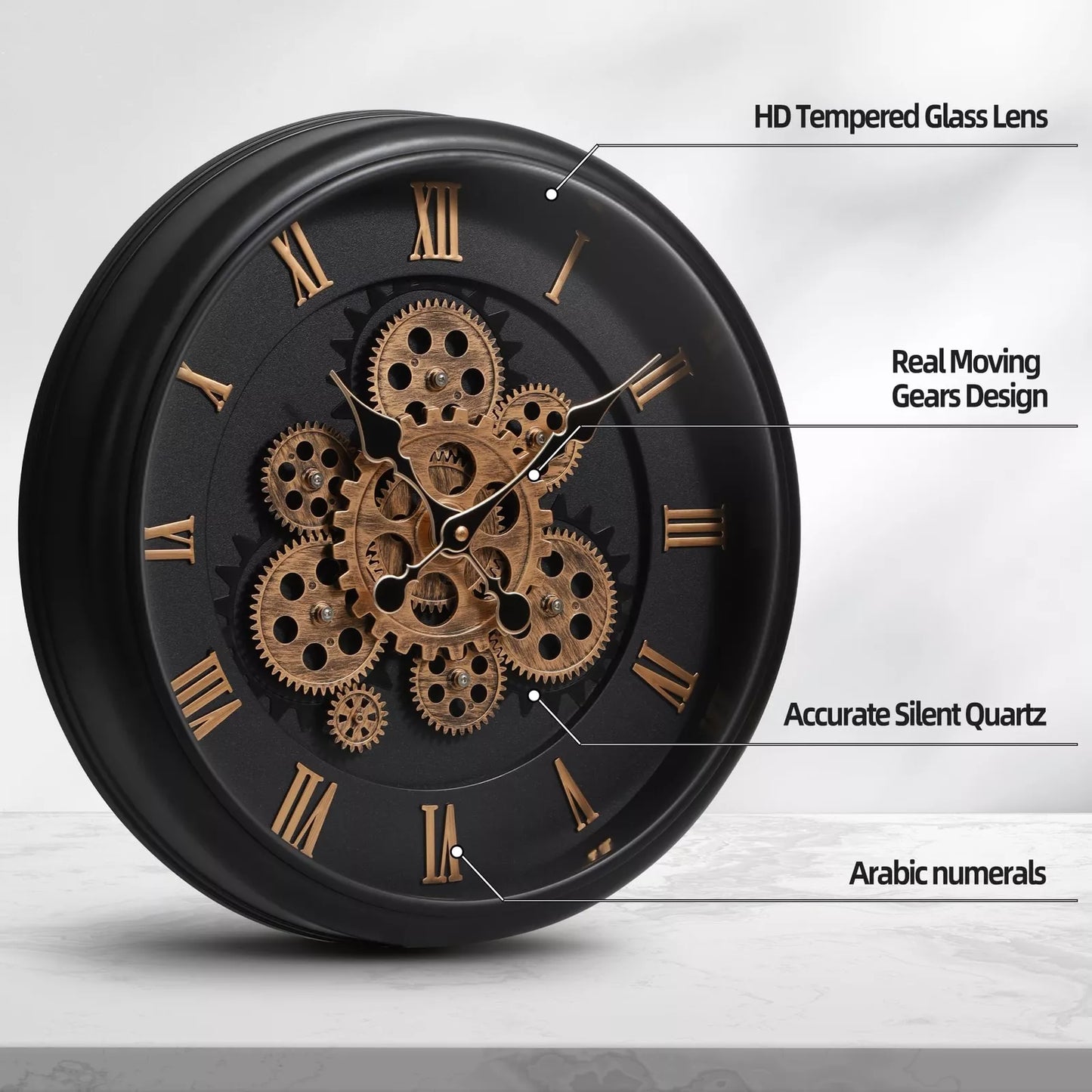 Modern Large Rustic Black Wall Clock with Moving Gears