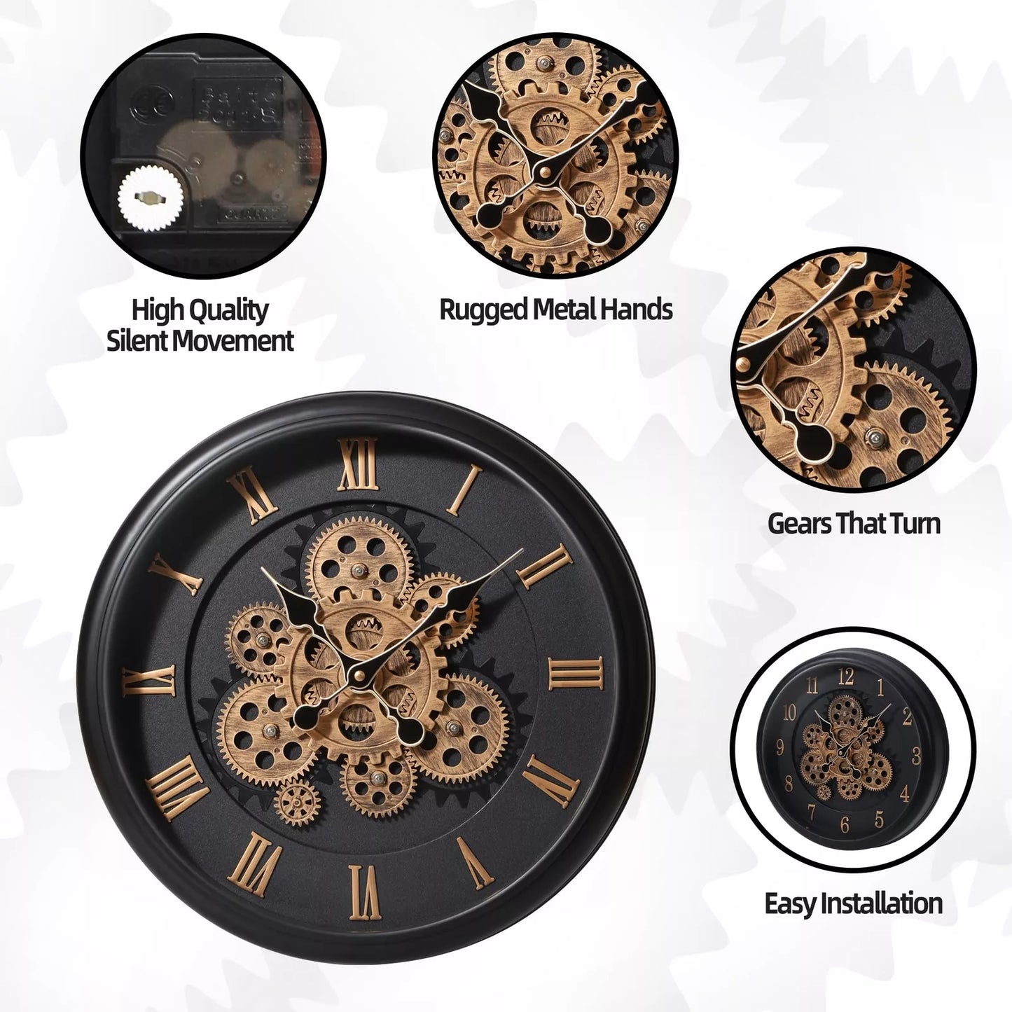 Modern Large Rustic Black Wall Clock with Moving Gears