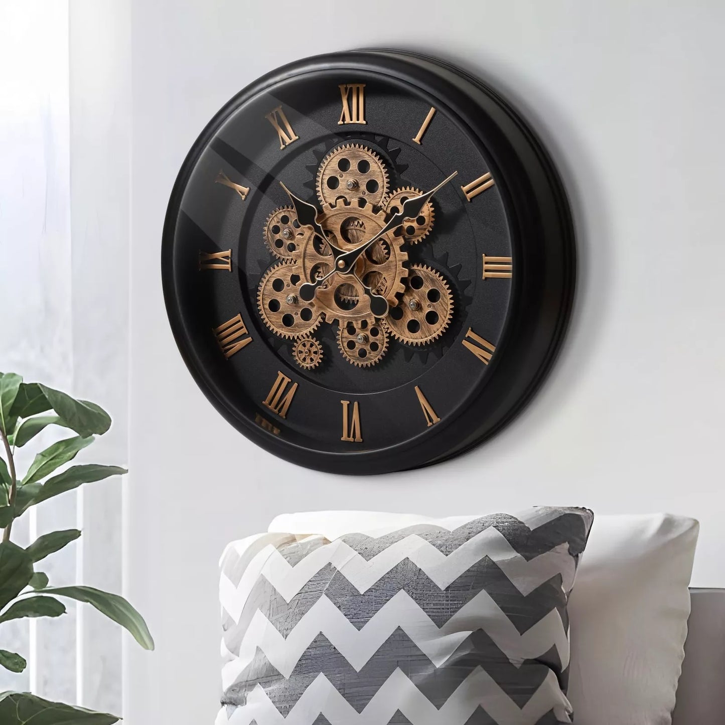 Modern Large Rustic Black Wall Clock with Moving Gears