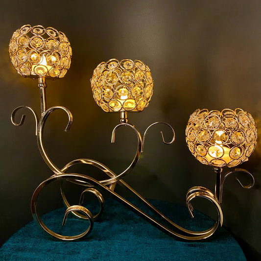 3 Tiers Crystal Candle Holder With Golden Stand