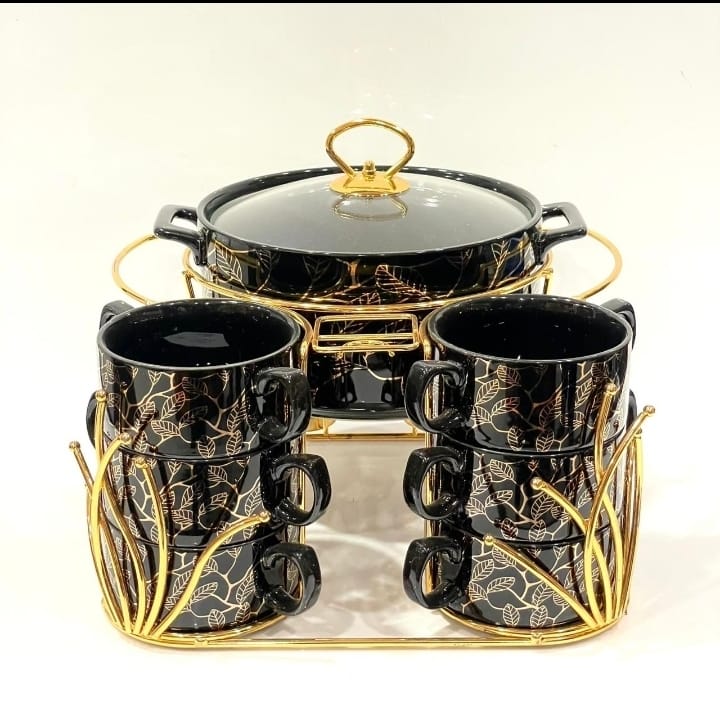 Floral Charm Soup Set with Elegant Gold-Plated Stand