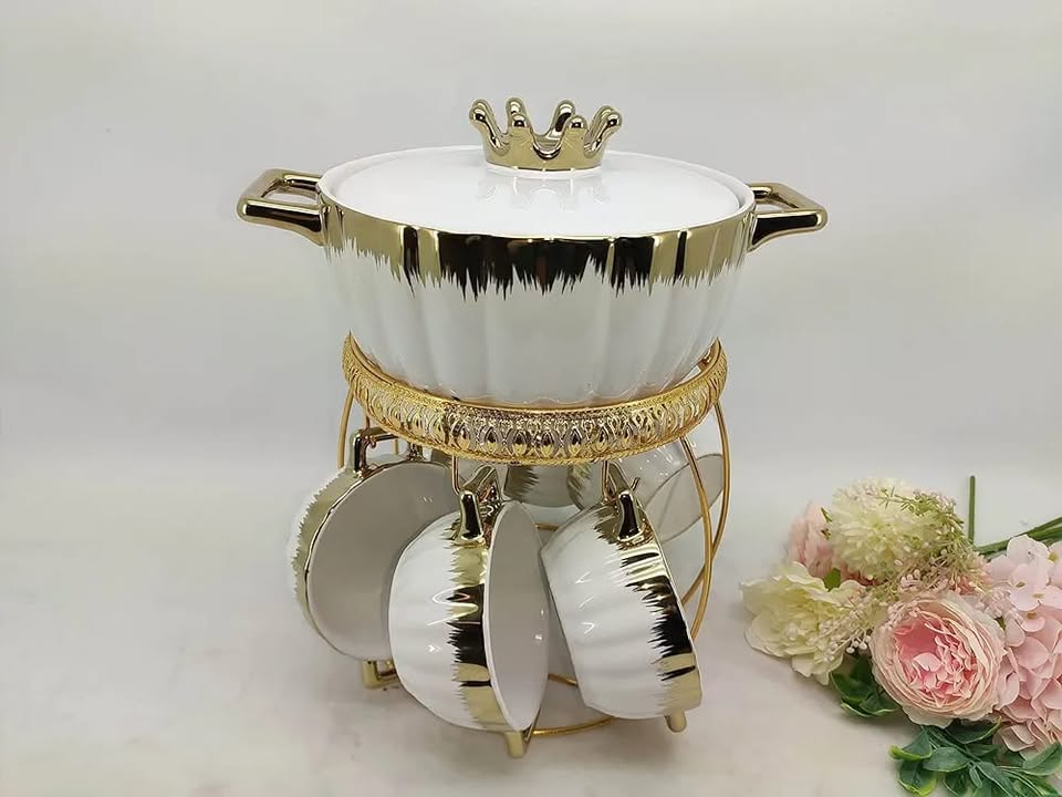 Elegant Bone China Ceramic Soup Set with Golden Stand