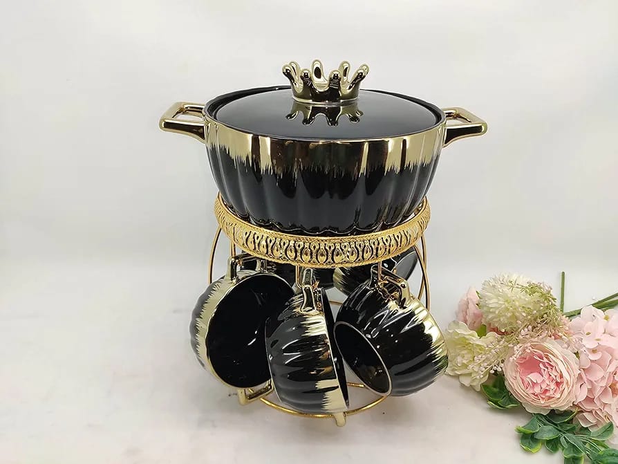 Elegant Bone China Ceramic Soup Set with Golden Stand