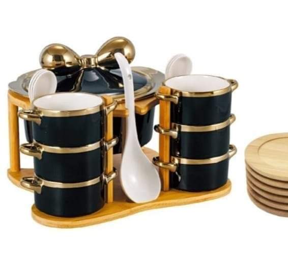 Classic Ceramic Soup Set with Golden Edges and Wooden Stand