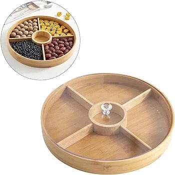 Round Wooden Snack Storage Tray with Compartments for Candy and Nuts