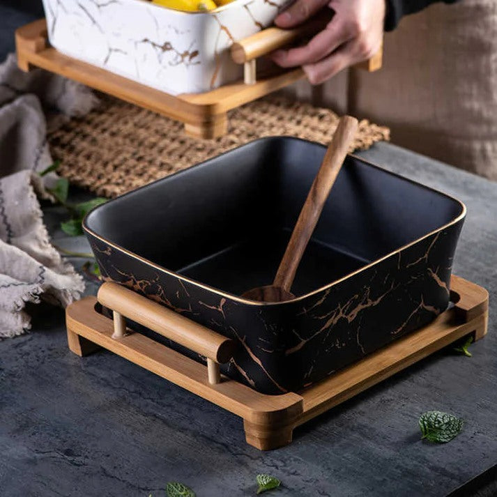 Marble Pattern Ceramic Salad Bowl with Wooden Stand and Spoon