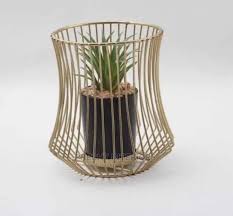 Gold Metal Cage Planter Stand with Artificial Succulent