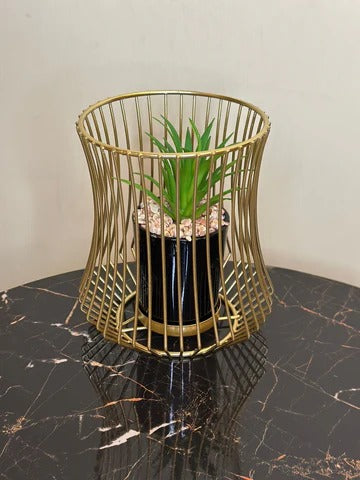 Gold Metal Cage Planter Stand with Artificial Succulent