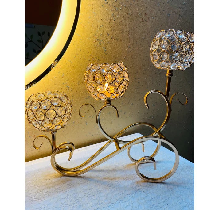 3 Tiers Crystal Candle Holder With Golden Stand