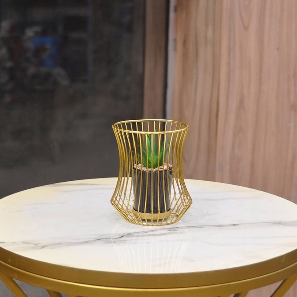 Gold Metal Cage Planter Stand with Artificial Succulent