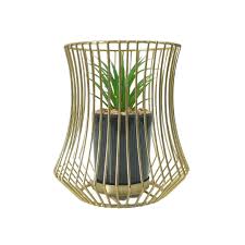 Gold Metal Cage Planter Stand with Artificial Succulent