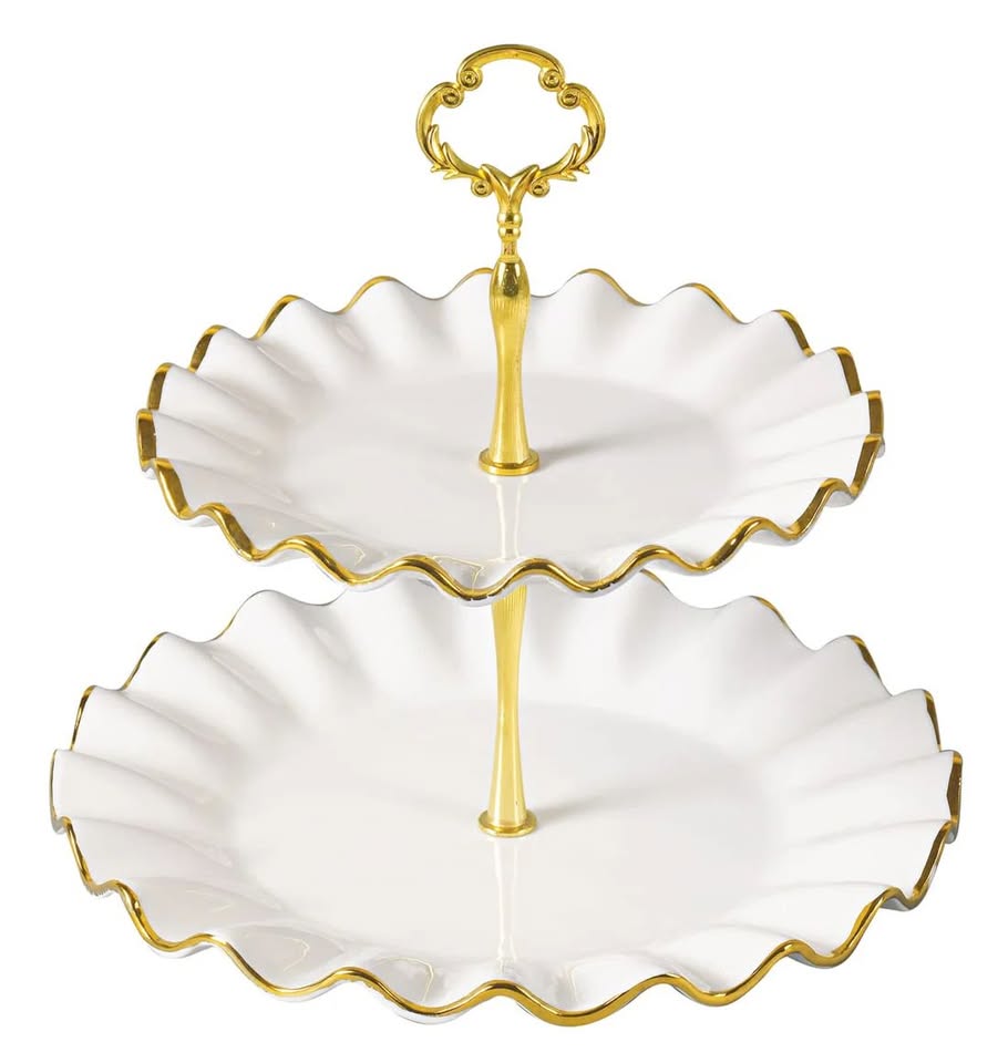 Elegant 2-Tier Ceramic Cake Stand with Golden Edges