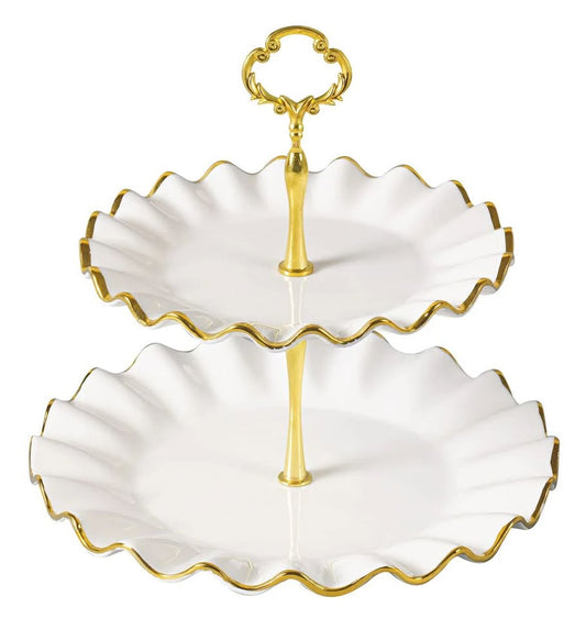 Elegant 2-Tier Ceramic Cake Stand with Golden Edges