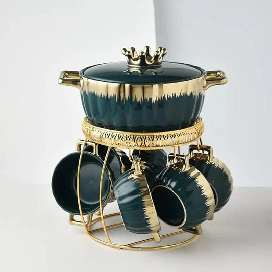 Elegant Bone China Ceramic Soup Set with Golden Stand