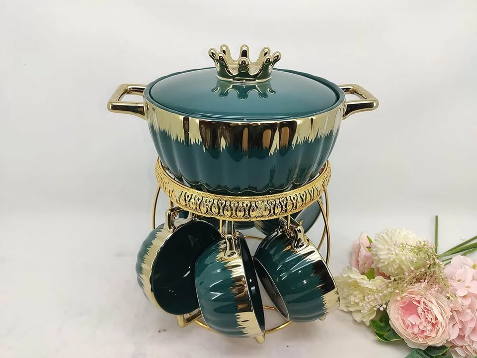 Elegant Bone China Ceramic Soup Set with Golden Stand