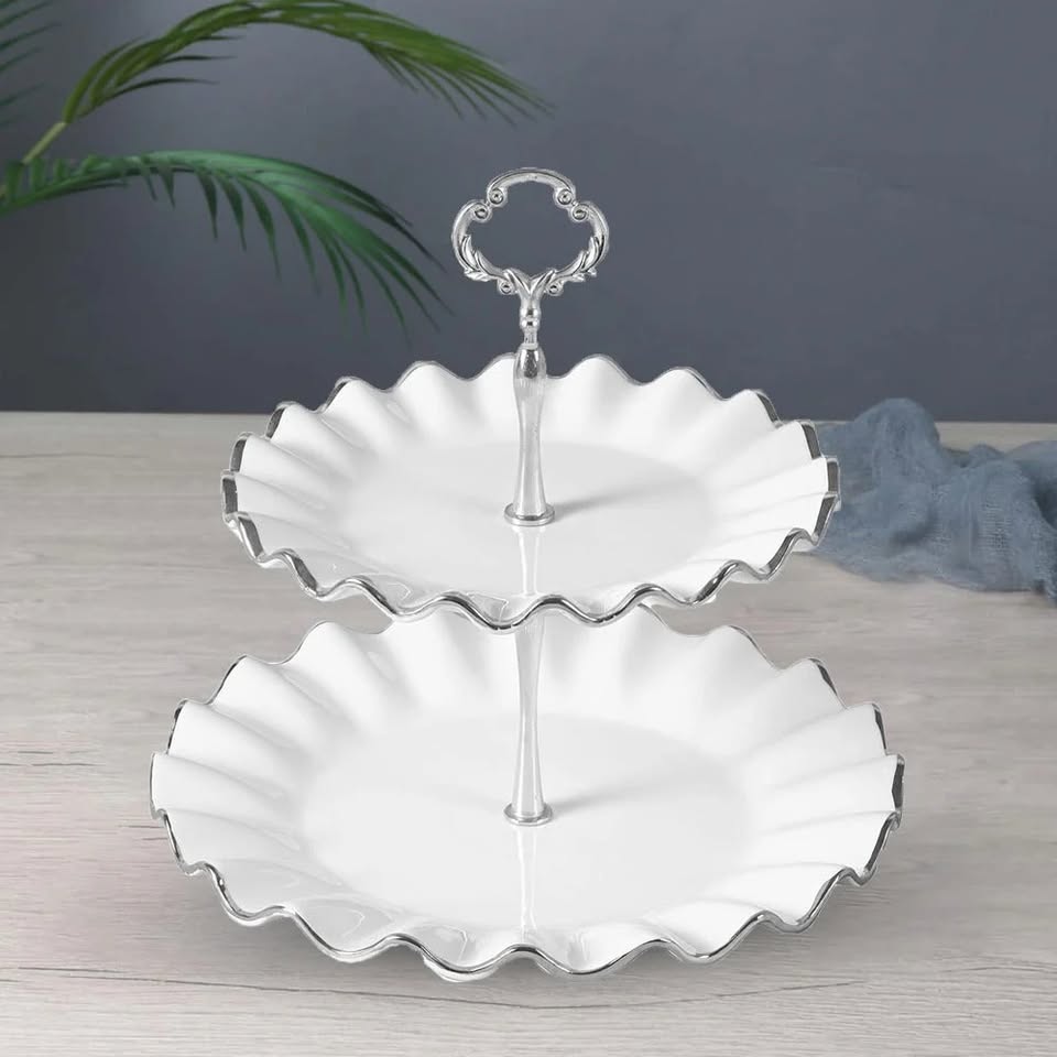 Elegant 2-Tier Ceramic Cake Stand with Golden Edges
