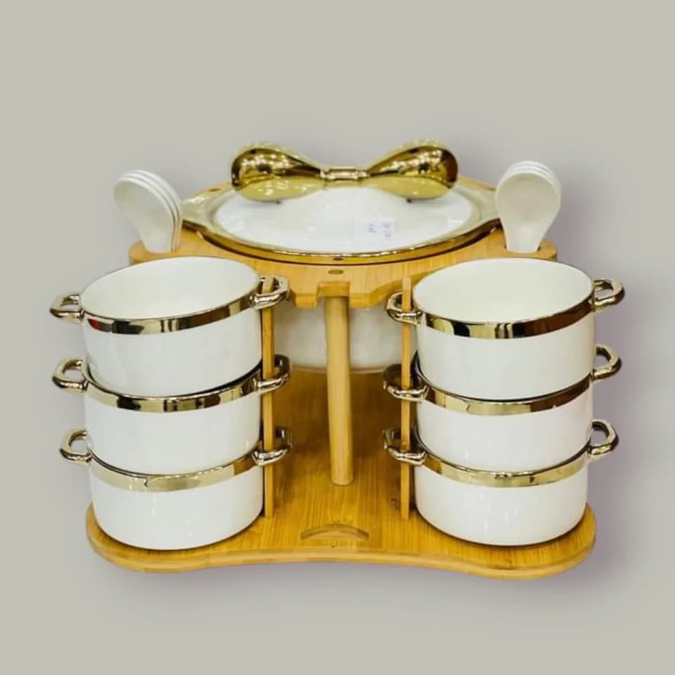 Classic Ceramic Soup Set with Golden Edges and Wooden Stand