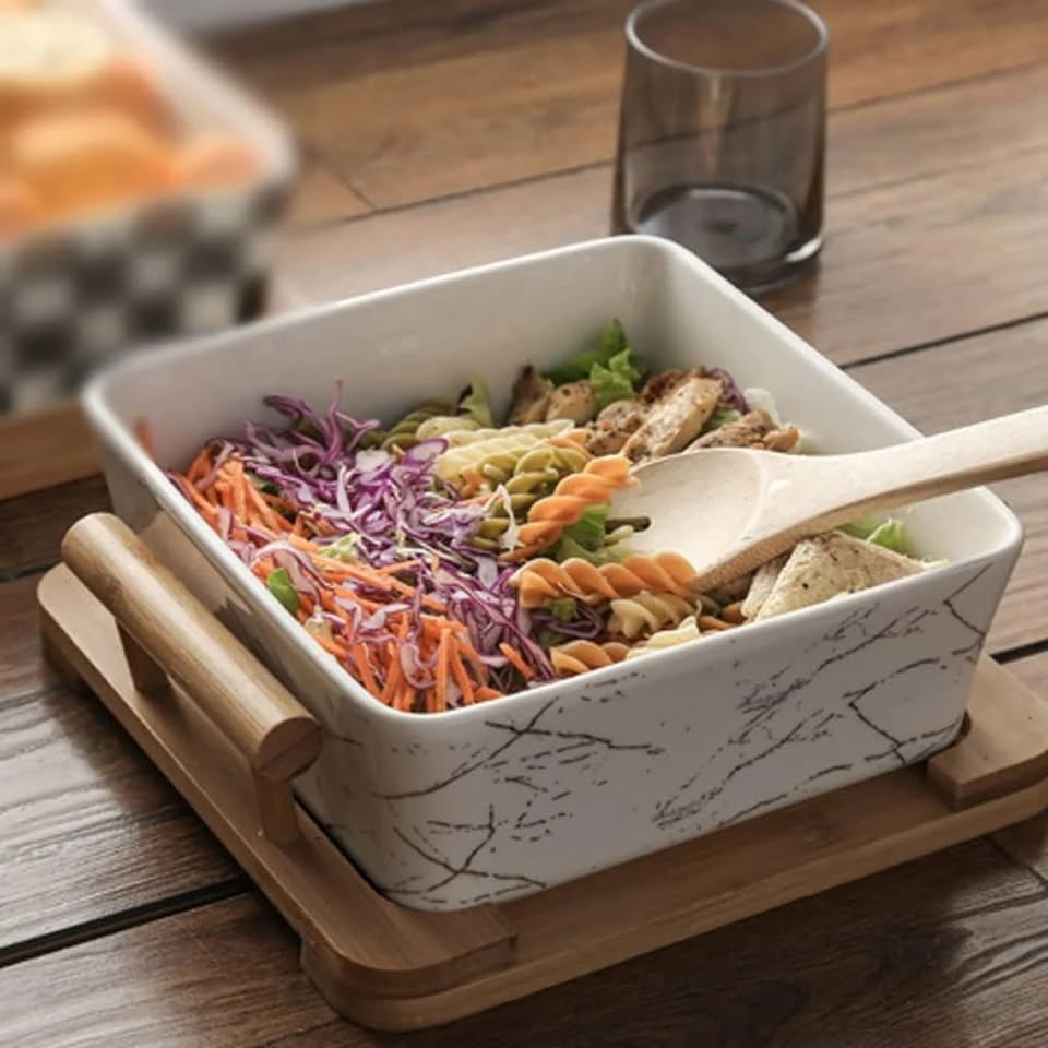 Marble Pattern Ceramic Salad Bowl with Wooden Stand and Spoon