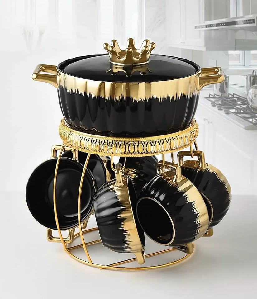 Elegant Bone China Ceramic Soup Set with Golden Stand
